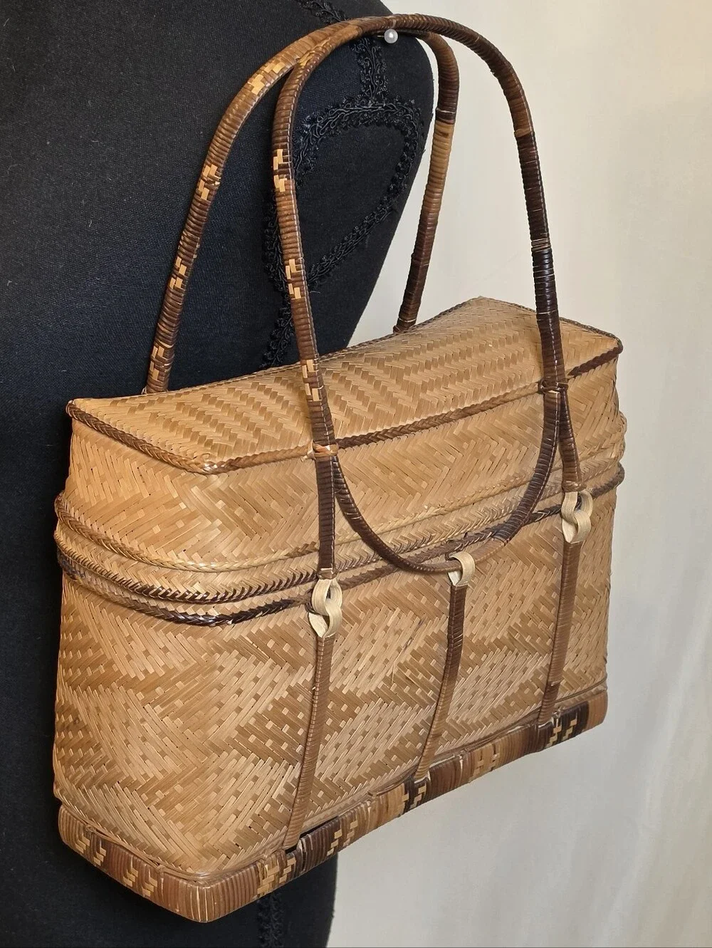 VTG Tiruray Tribe Basket Purse Woven Bamboo River Cane Box Bag Philippines Boho